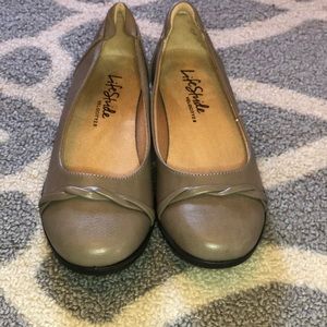 One Time Use: Women’s size 7.5 Tan Small wedge Slip ons